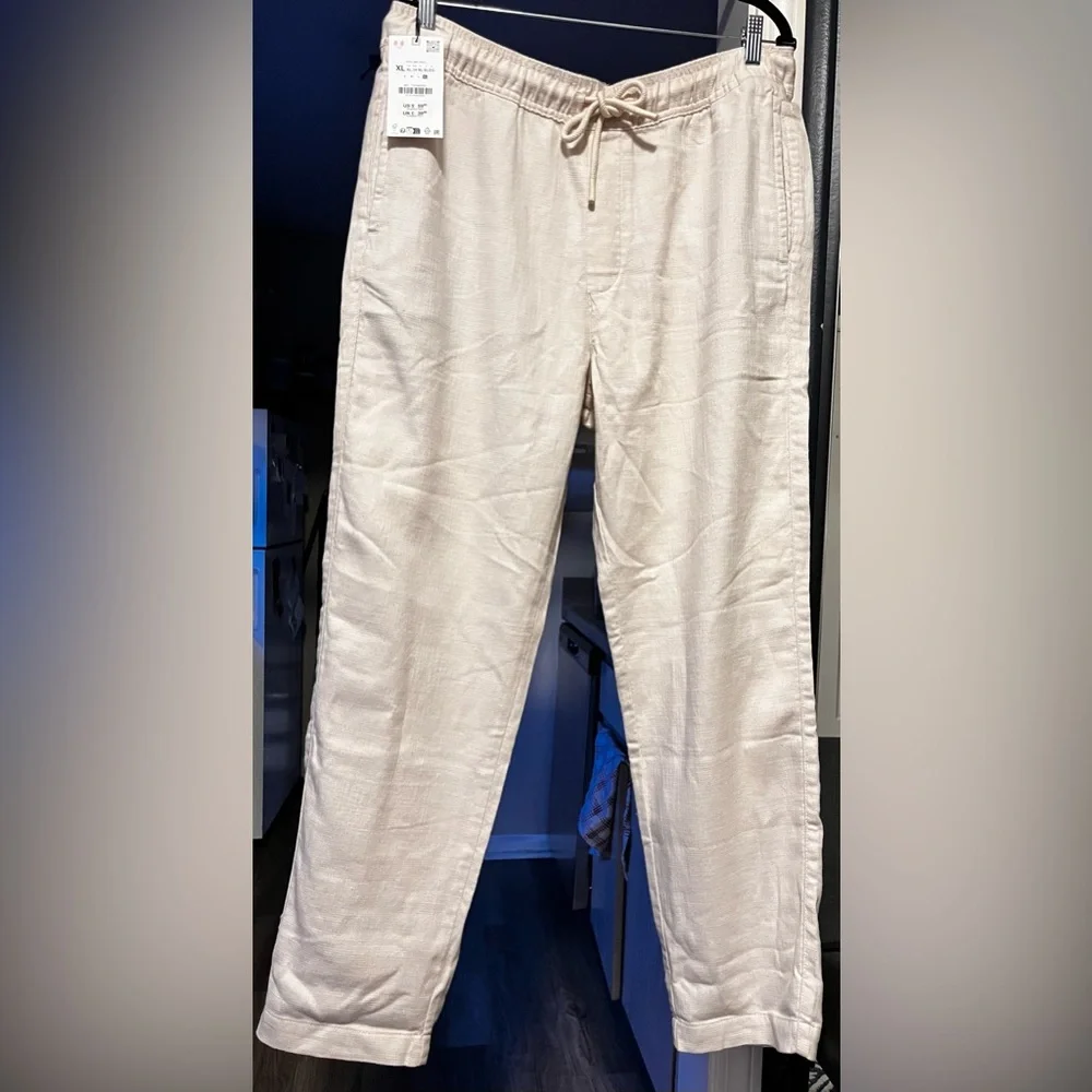 ZARA Relaxed Fit Cream Linen-Blend Drawstring Pants Size XL NWT